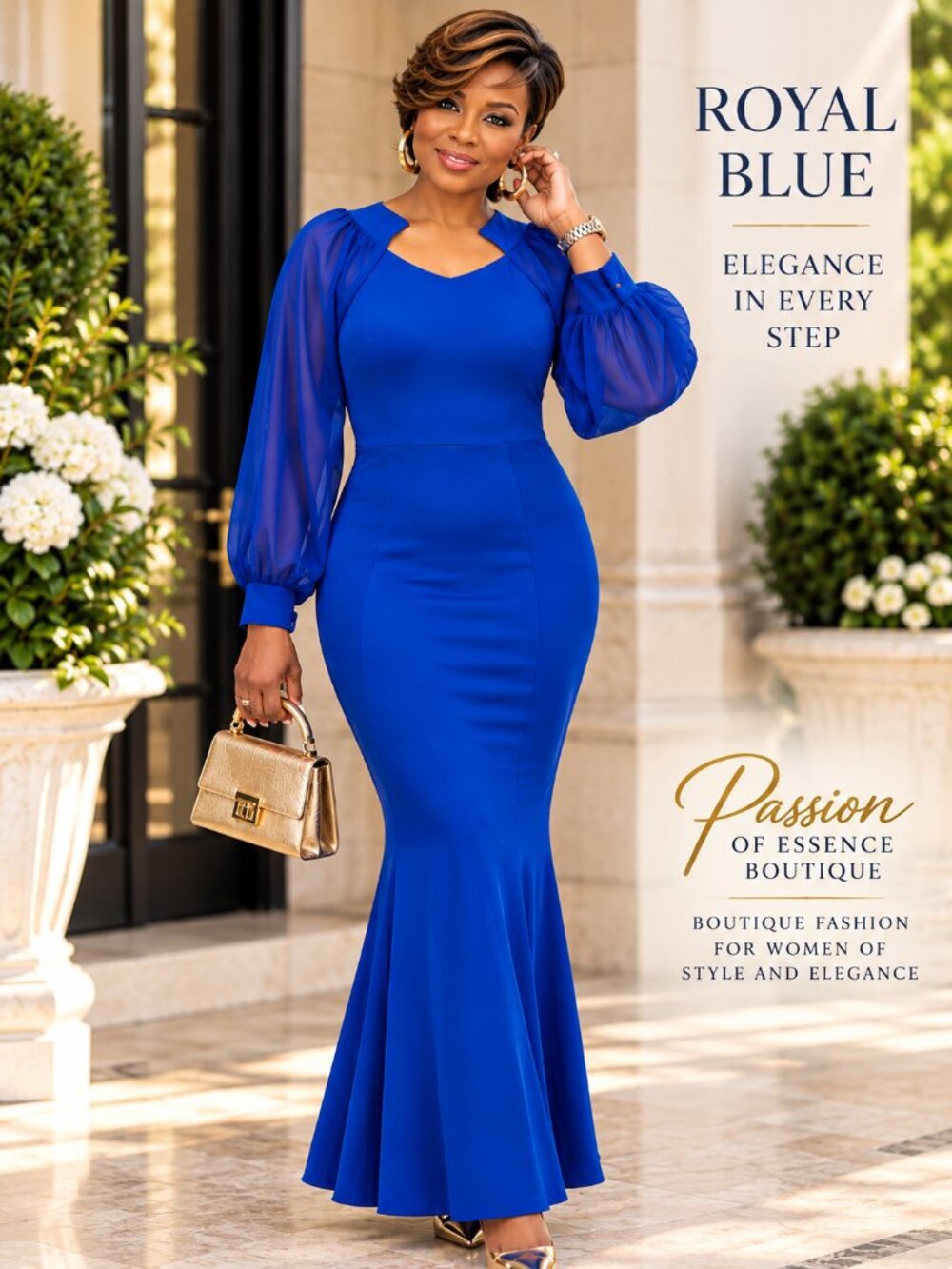 Blue Mermaid Maxi Dress Sheer Lantern Sleeves Formal Evening Gown